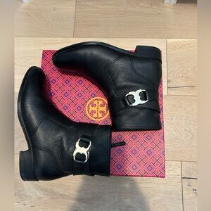 Tory Burch Black Leather Boots with Gold Accents